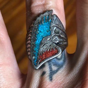 VINTAGE turquoise and coral eagle ring